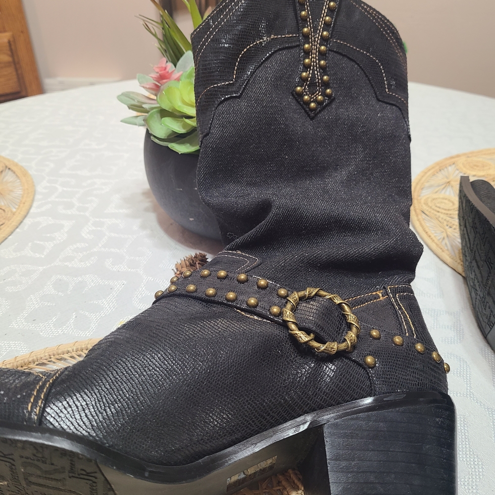 J.Renee Black Heeled Boots with Pink & Orange Floral Embroidery - Picture 5 of 7